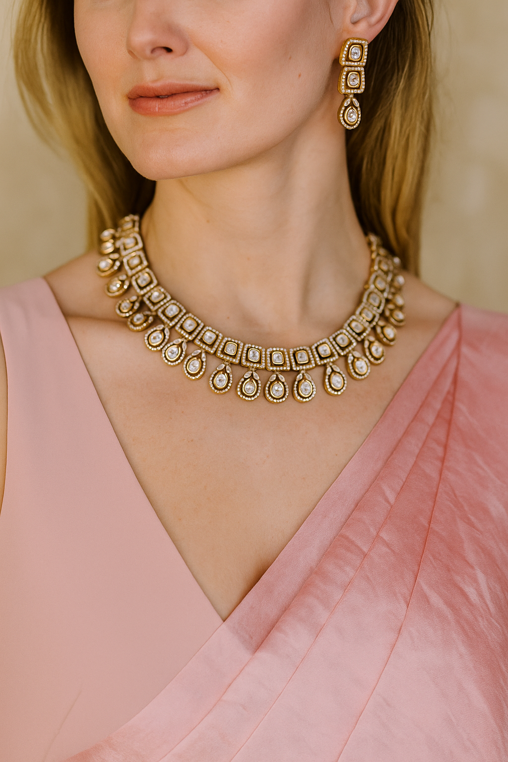 Classic Kundan Square & Drop Necklace Set with Earrings